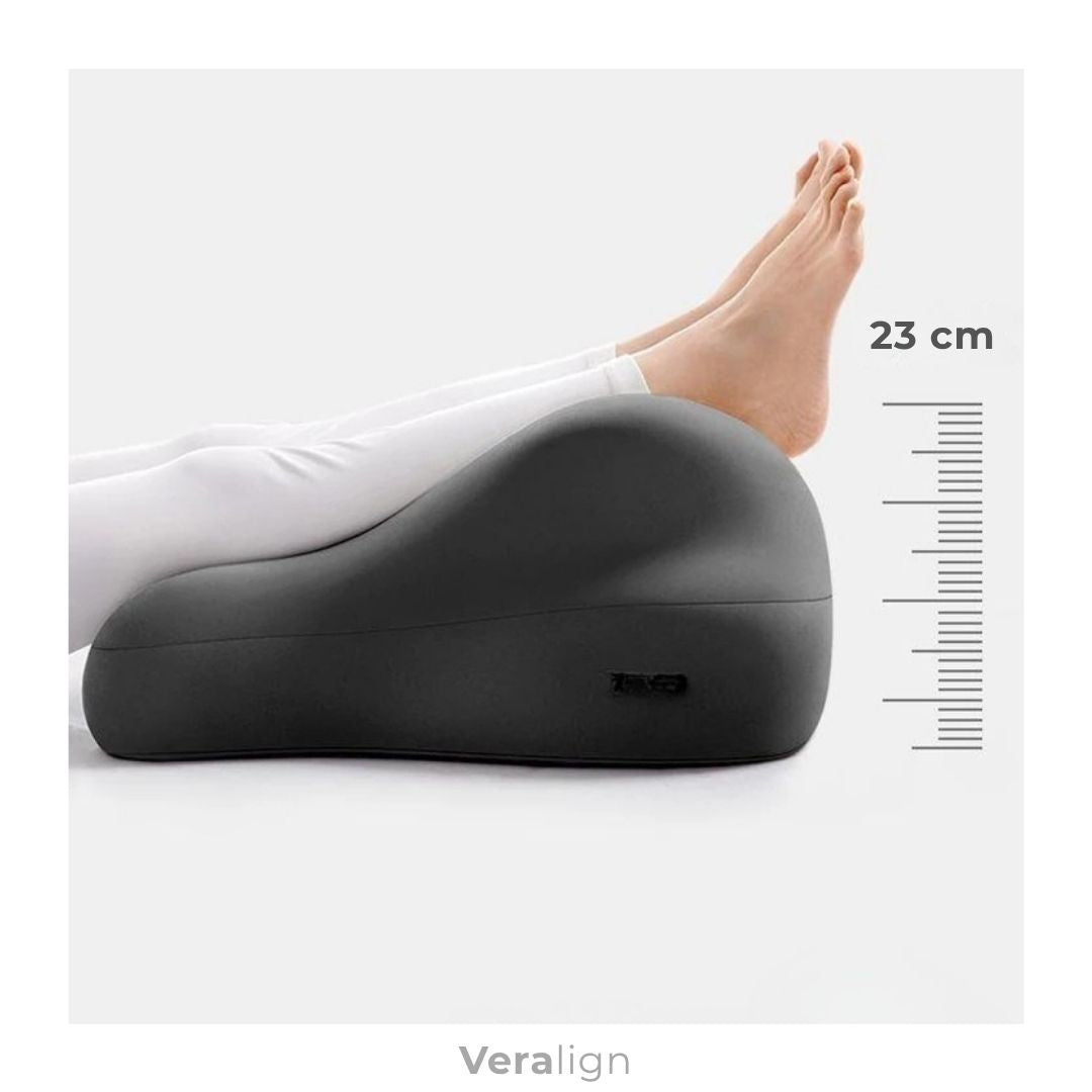 Schéma des dimensions du coussin de jambes avec double concavité Veralign pour un maintien stable des membres inférieurs.