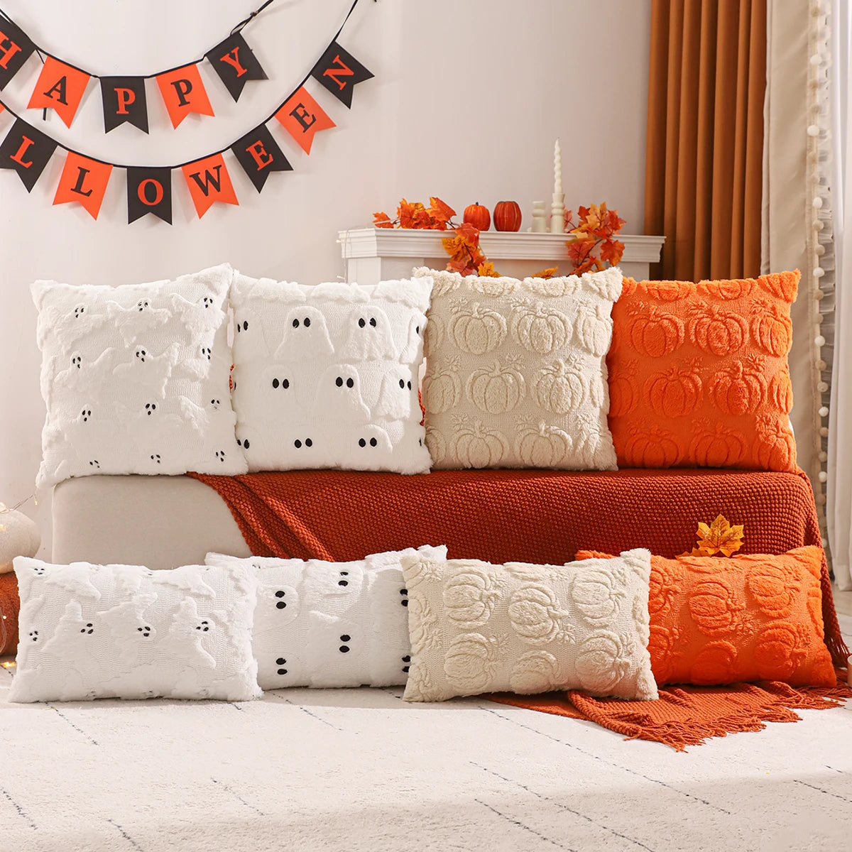Housse de coussin Halloween Citrouille Ecru