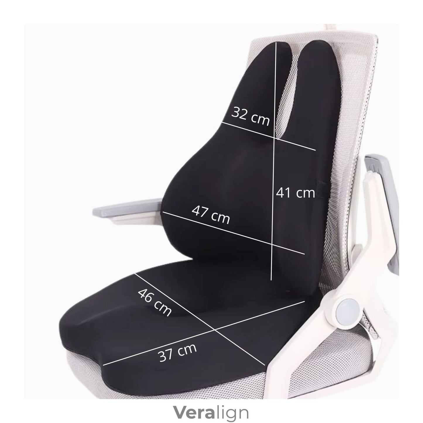 Dimensions du coussin d'assise évidé et du soutien lombaire Veralign, idéal télétravail et amélioration chaise de bureau