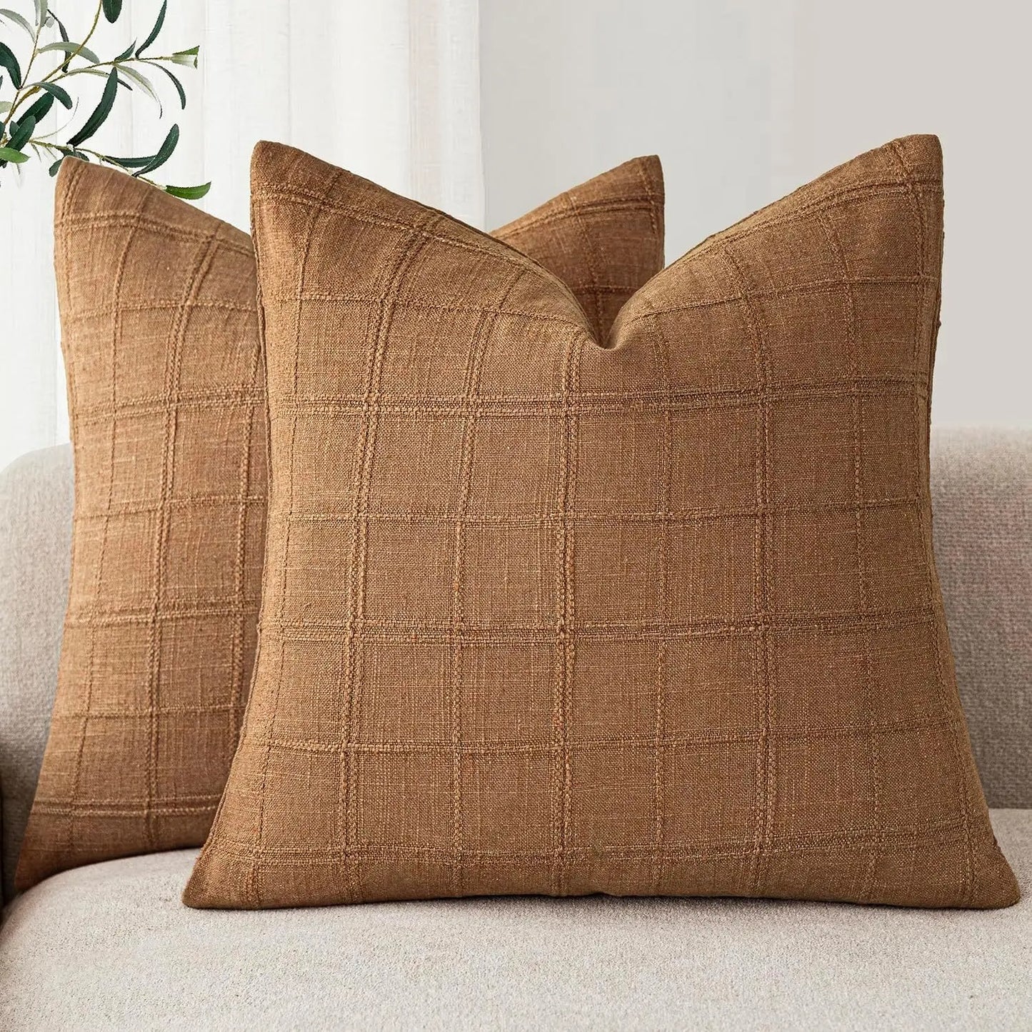 Housse de coussin Lin motif Carreaux Beige