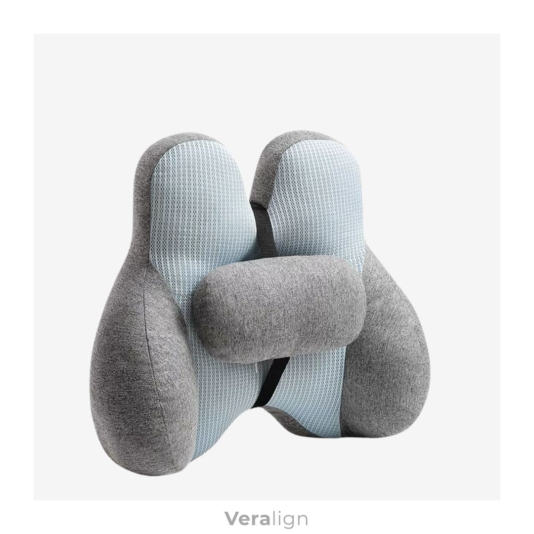 Coussin lombaire Veralign Bleu Ciel à mémoire de forme, soutien ergonomique enveloppant pour chaise de bureau et siège auto.