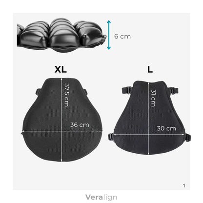 Tailles disponibles (L et XL) du coussin de selle moto universel Veralign, compatible avec toutes les marques de motos et scooters.