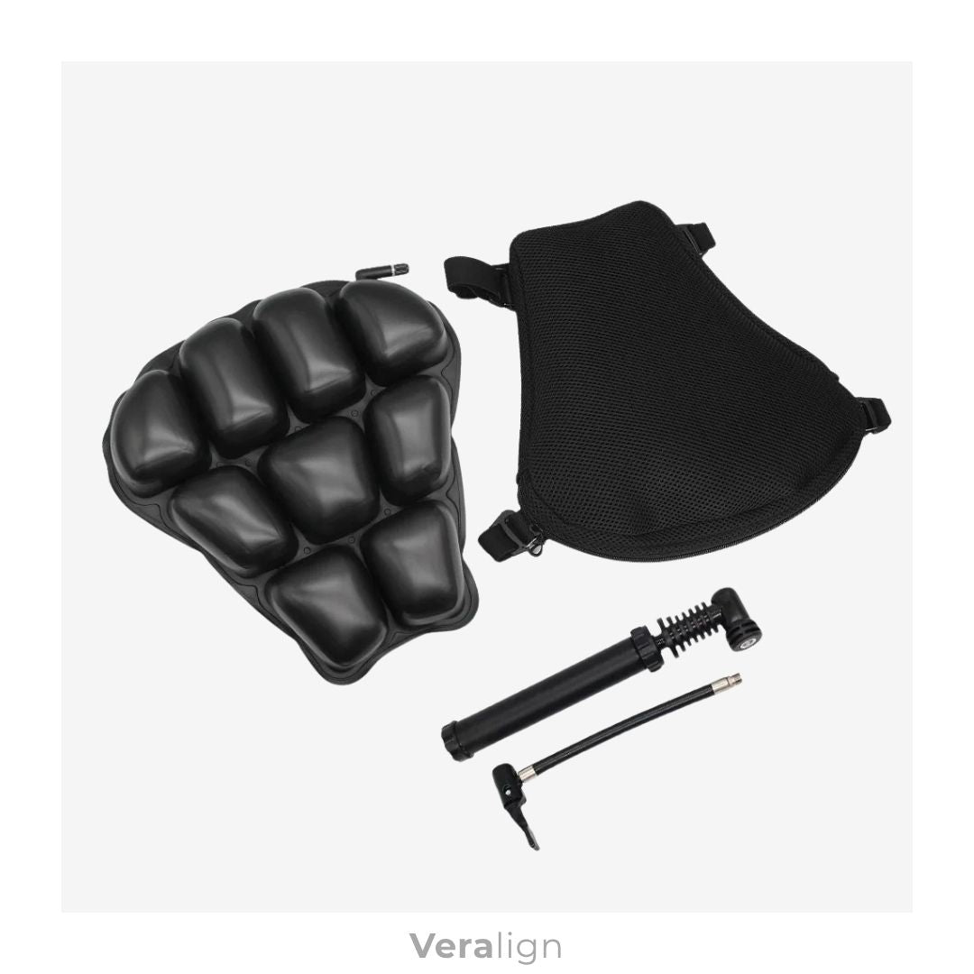 Pack coussin de selle Veralign avec pompe de gonflage manuelle, système réglable pour ajuster la fermeté de l'assise moto.