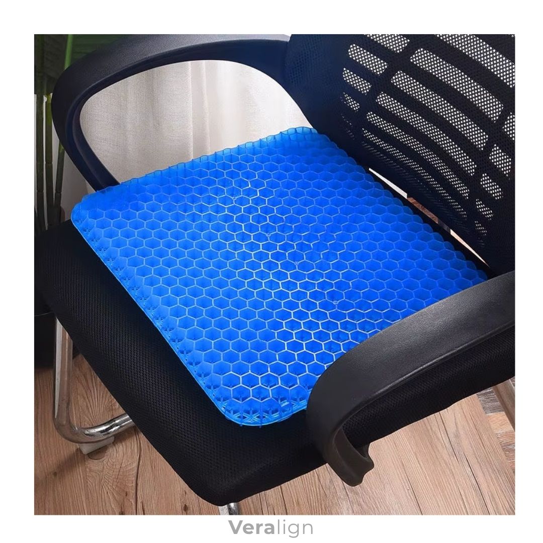 Coussin d'assise ergonomique au gel, strucutre nid d'abeille Veralign pour soulagement du coccyx et du bas du dos au bureau et dans les transports.