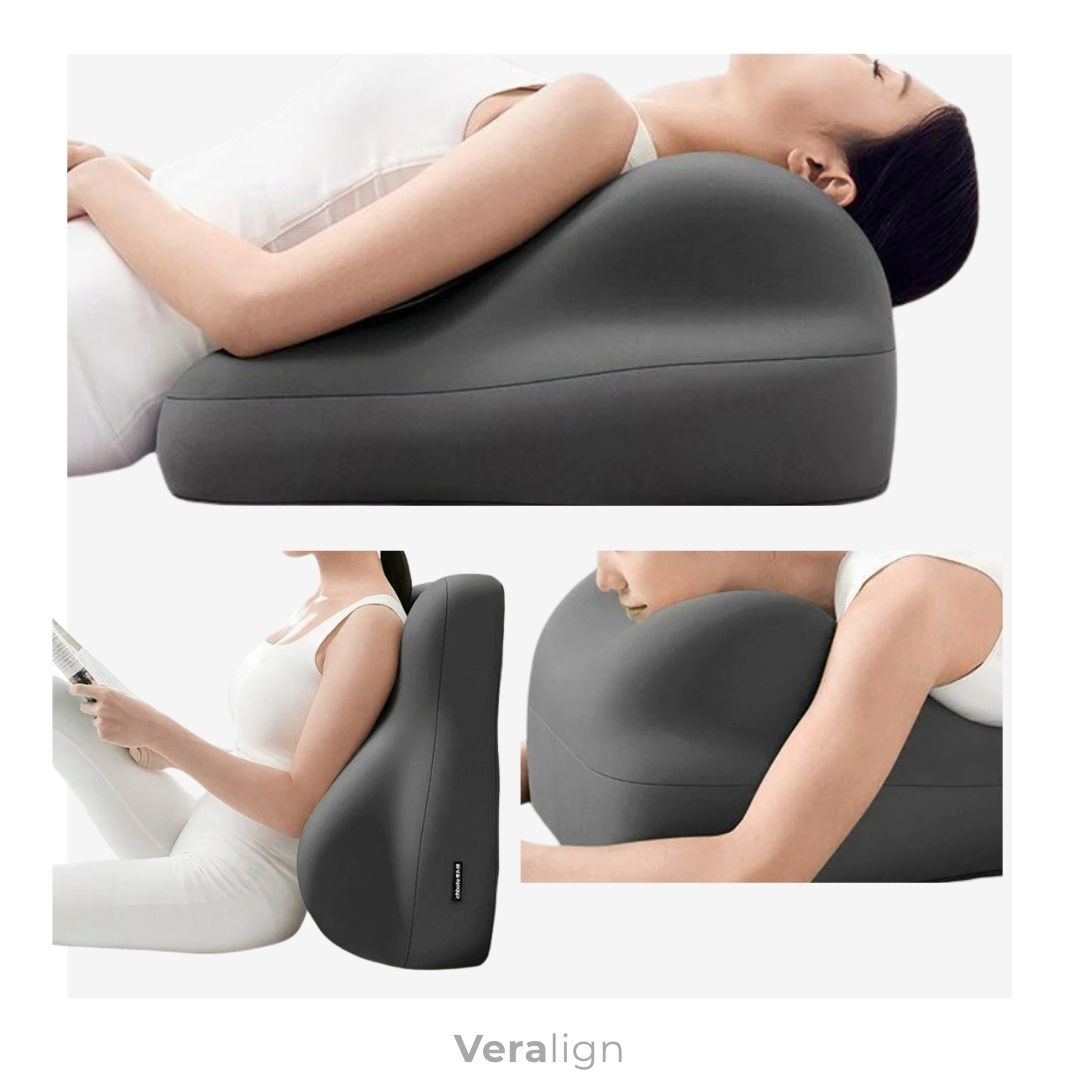 Coussin multifonction à mémoire de forme Veralign montrant les trois positions : surélévation des jambes, appui ventral et dossier de lecture.