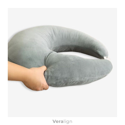 Vue latérale du coussin ergonomique de lecture rond Veralign conçu pour soulager les épaules et les poignets pendant la lecture.