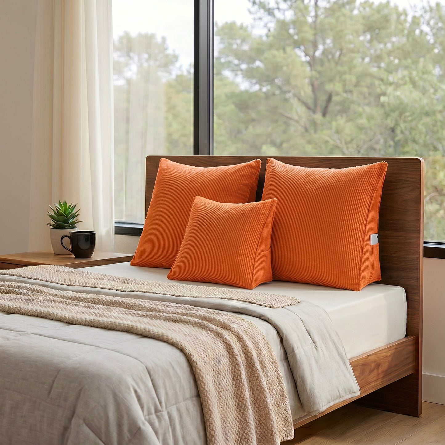 Coussin_triangle_Orange_Lit_sol _canapé_face