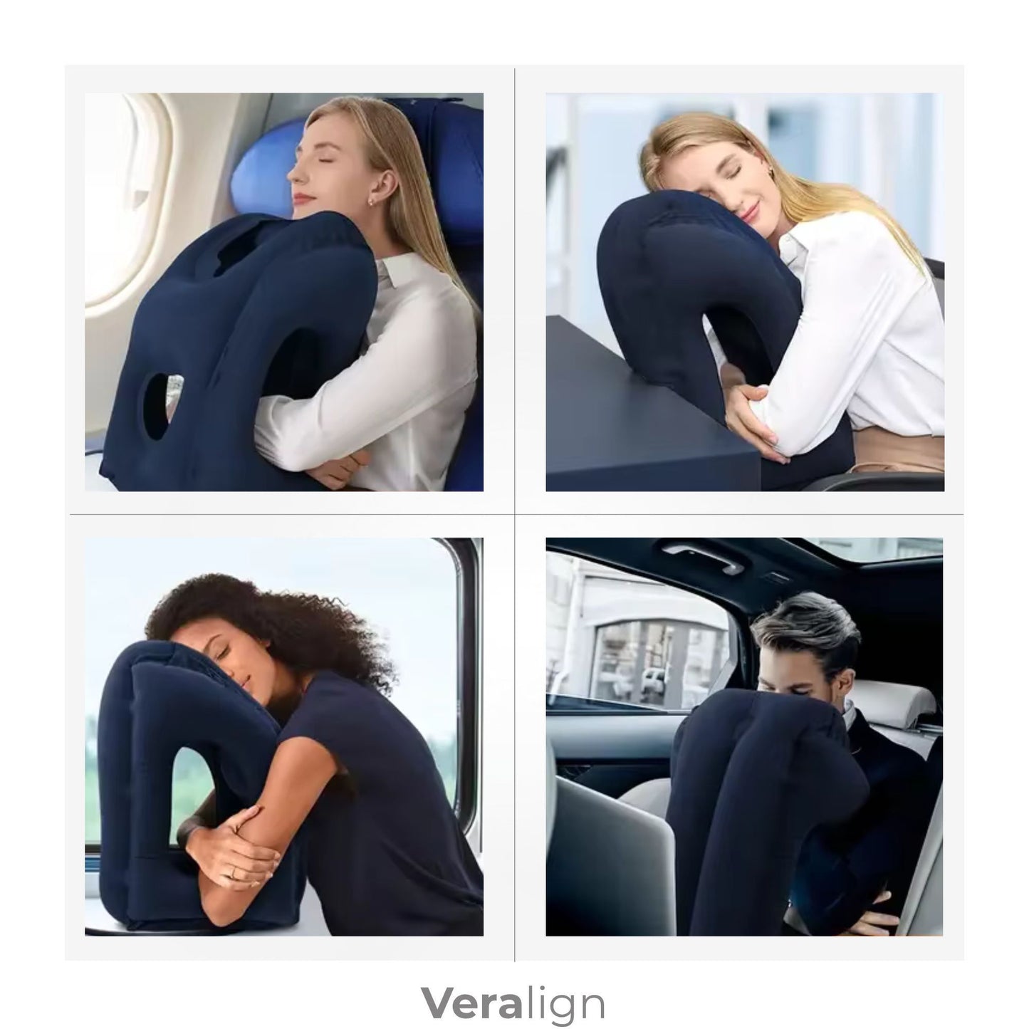 Coussin de voyage gonflable Veralign haute performance, design ergonomique enveloppant pour un soutien total de la tête et des bras en avion.