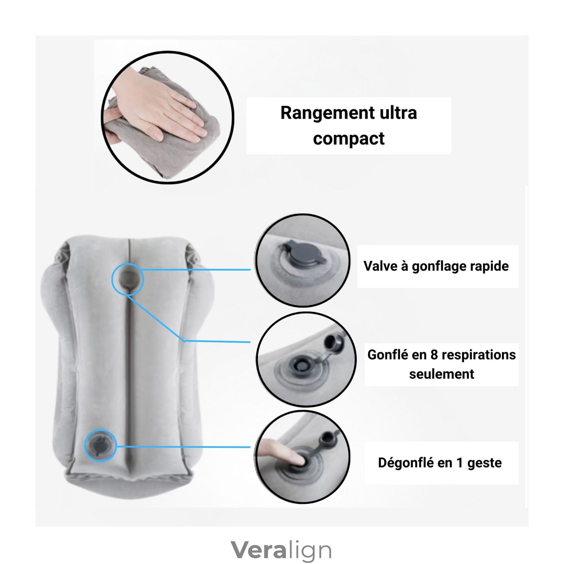 Coussin de voyage gonflable compact Veralign gonflage simple et rapide. se plie pour un rangement compact