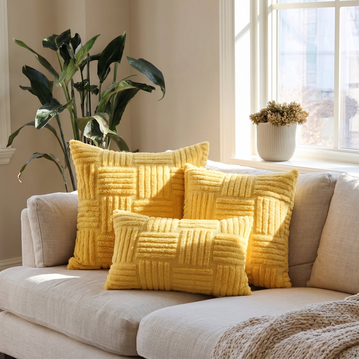 Housse de coussin effet fourrure jaune 2