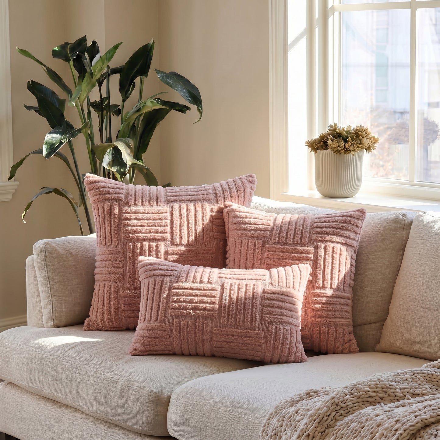 Housse de coussin fausse fourrure rose poudré 2