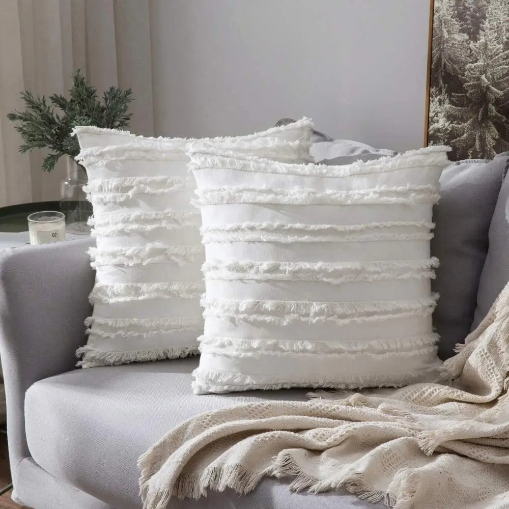 Housse coussin Boheme a Franges Blanc