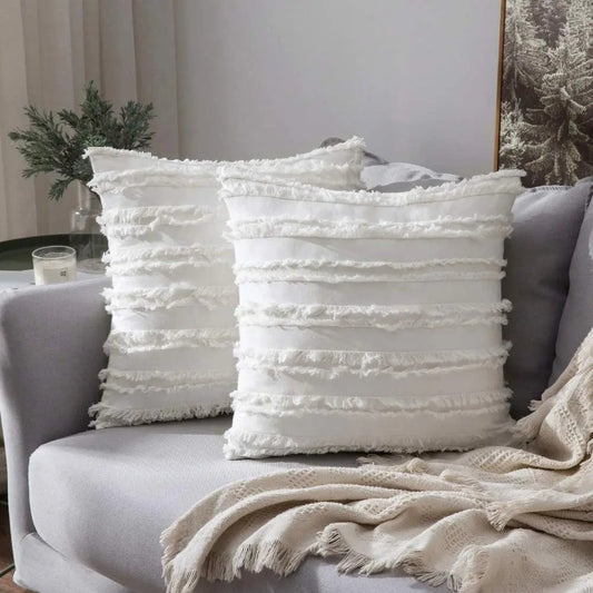 Housse coussin Boheme a Franges Blanc