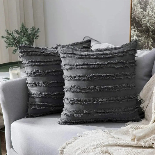 Housse coussin Boheme a Franges Gris Anthracite