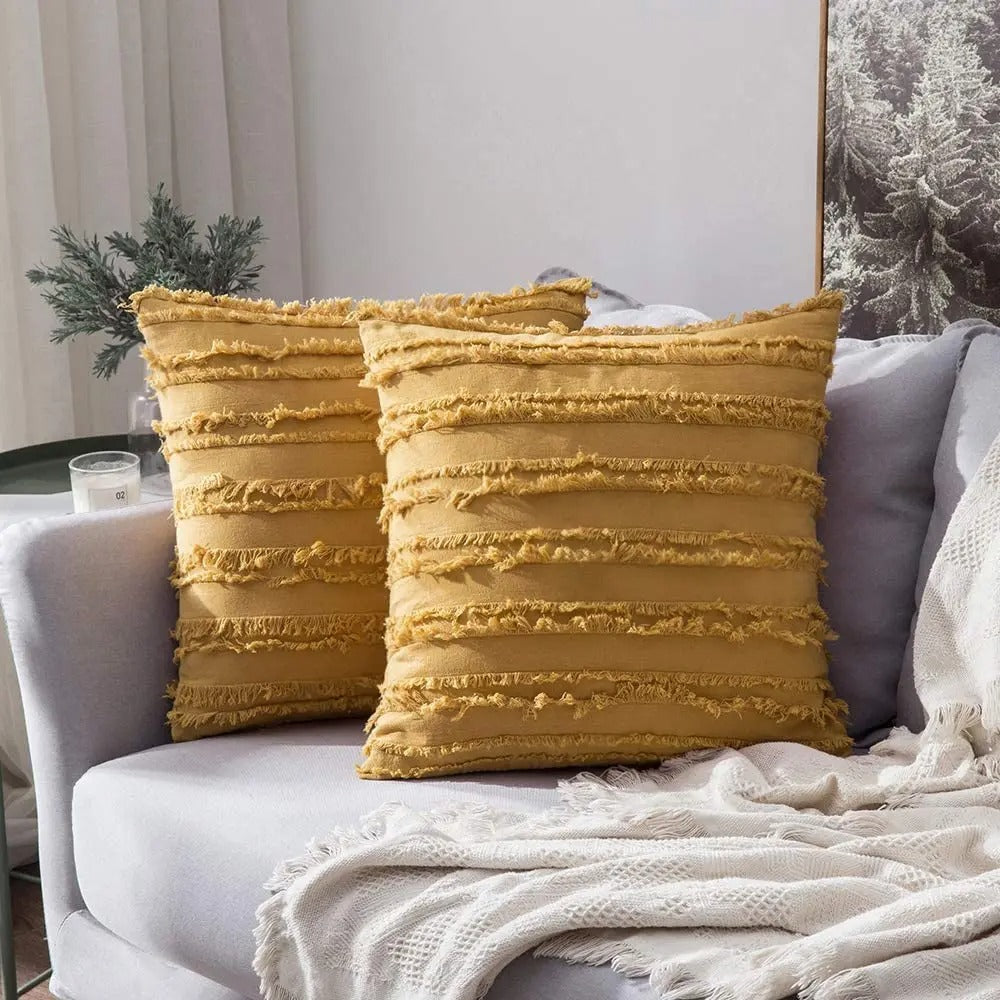 Housse coussin Boheme a Franges Jaune moutarde