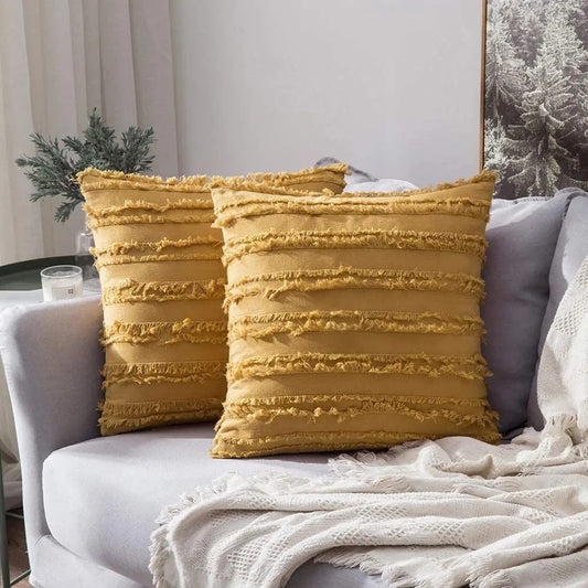 Housse coussin Boheme a Franges Jaune moutarde
