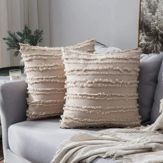 Housse coussin Boheme a Franges Beige