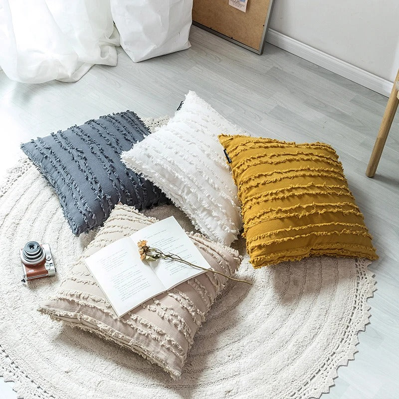 Housse coussin Boheme a Franges Beige