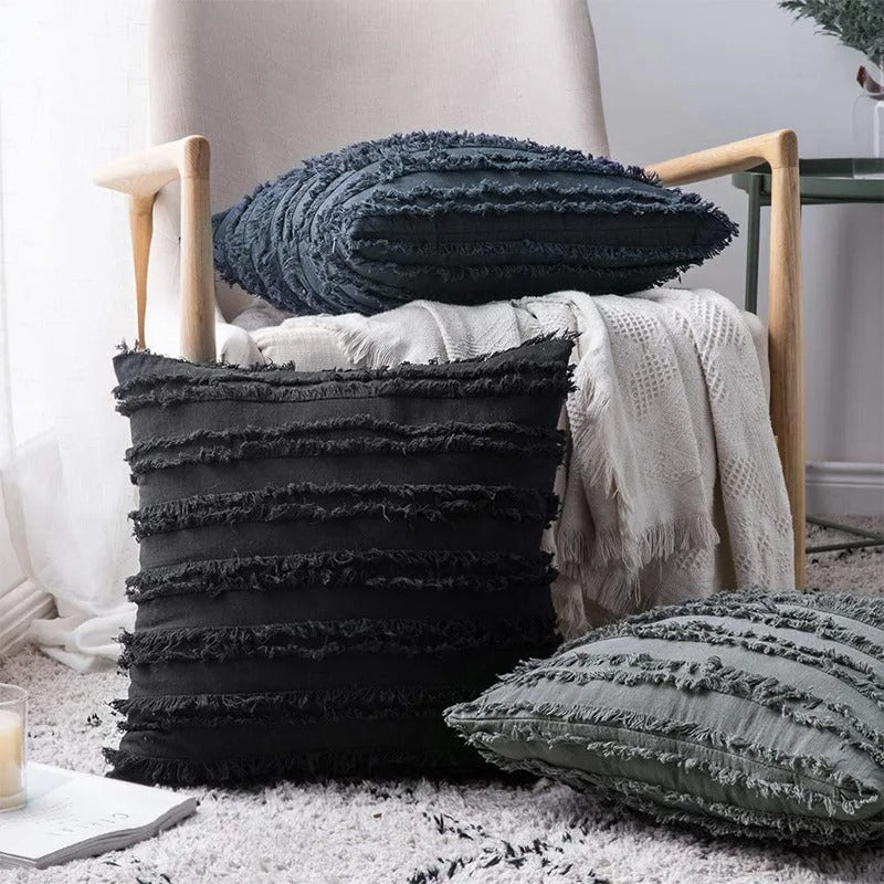Housse coussin Boheme a Franges Gris Anthracite