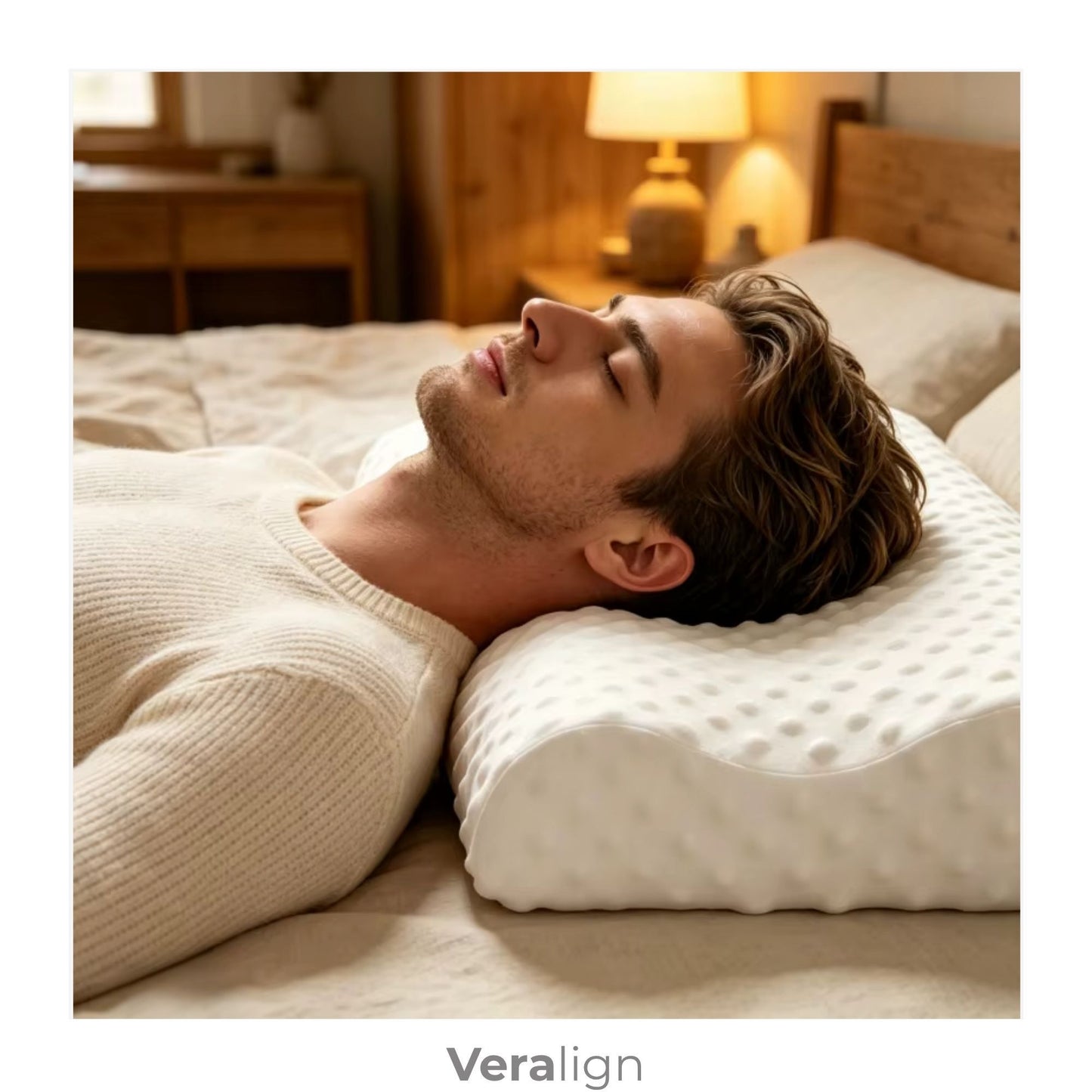Homme utilisant l'oreiller cervical Veralign  pour un alignement parfait de la nuque et un sommeil réparateur sans douleurs.