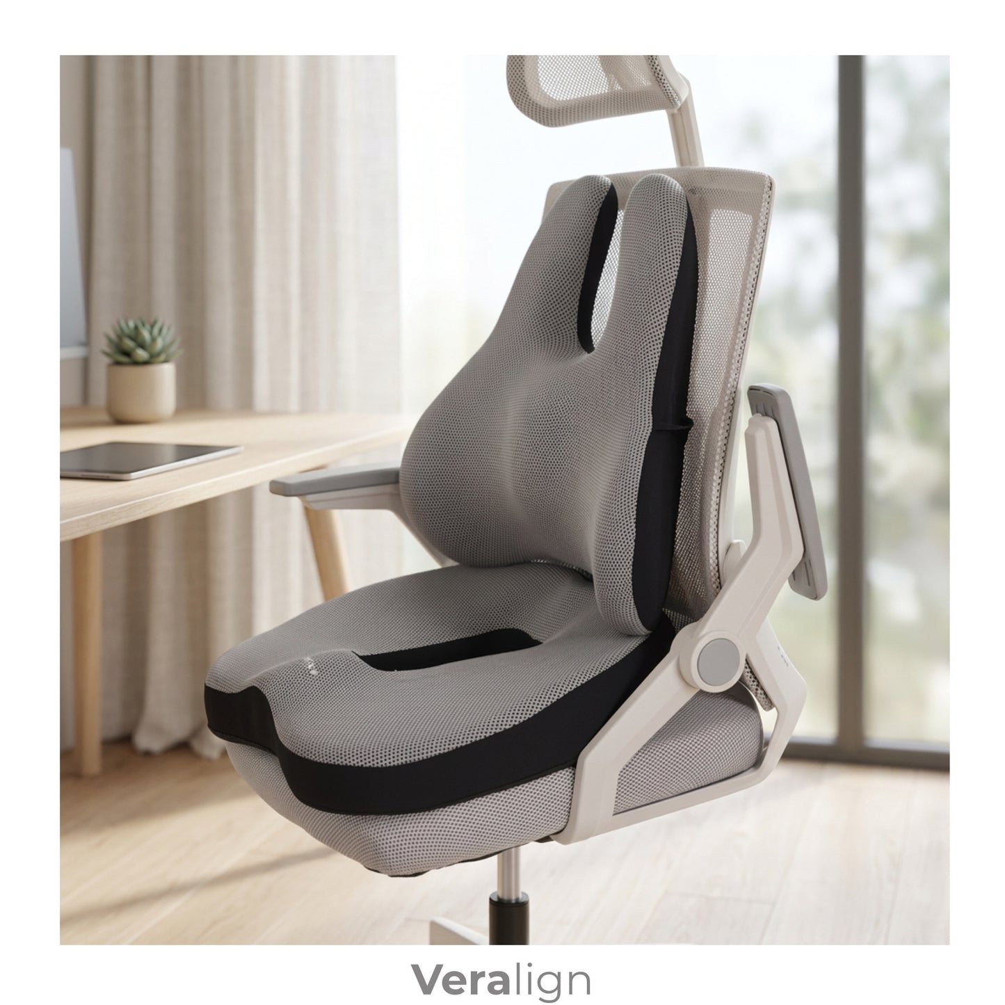 Pack coussin d'assise évidé et soutien lombaire pour télétravail et bureau Veralign gris installé sur chaise de bureau