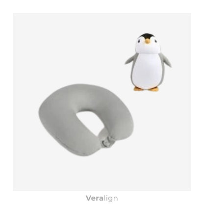 Coussin cervical enfant modèle pingouin gris Veralign, support ergonomique pour la nuque et compagnon de voyage rassurant en textile doux.