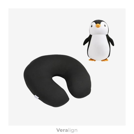 Tour de cou enfant pingouin Veralign noir, coussin de voyage 2 en 1 transformable en peluche pour le confort des petits en voiture ou avion.
