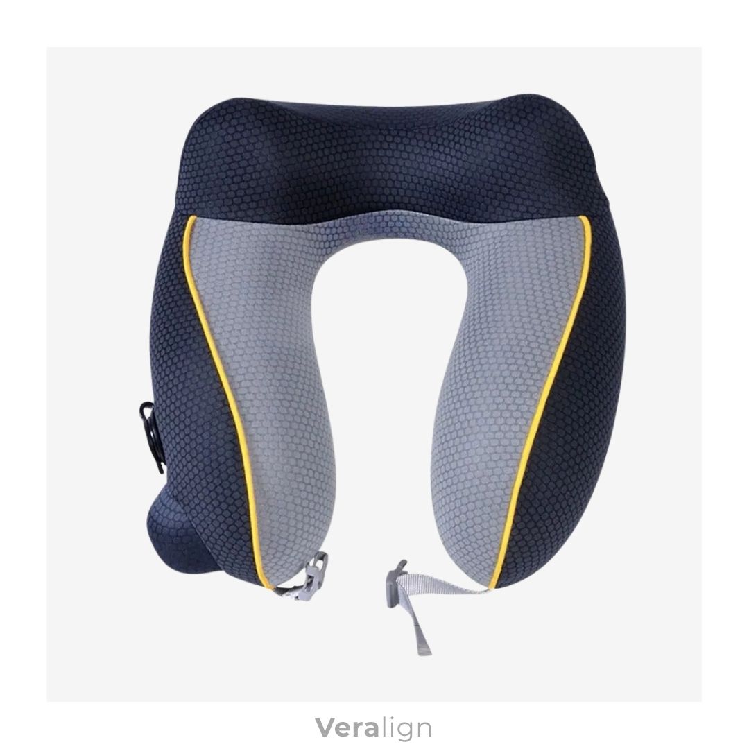 Coussin de voyage cervical gonflable gris Veralign, soutien de nuque ergonomique 360° pour dormir en position assise.