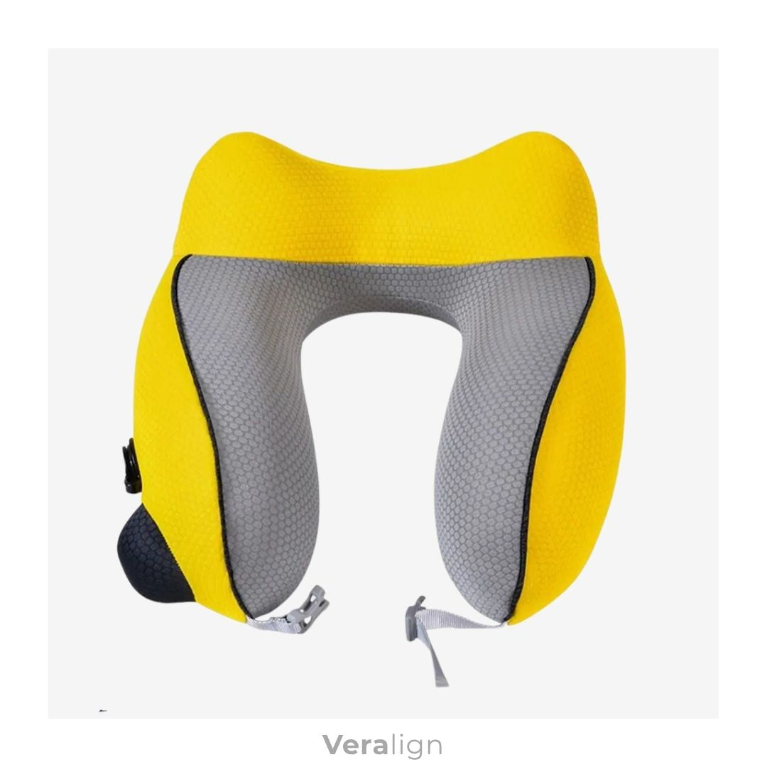 Tour de cou gonflable jaune Veralign avec pompe manuelle intégrée, gonflage rapide et hygiénique pour voyage en avion.