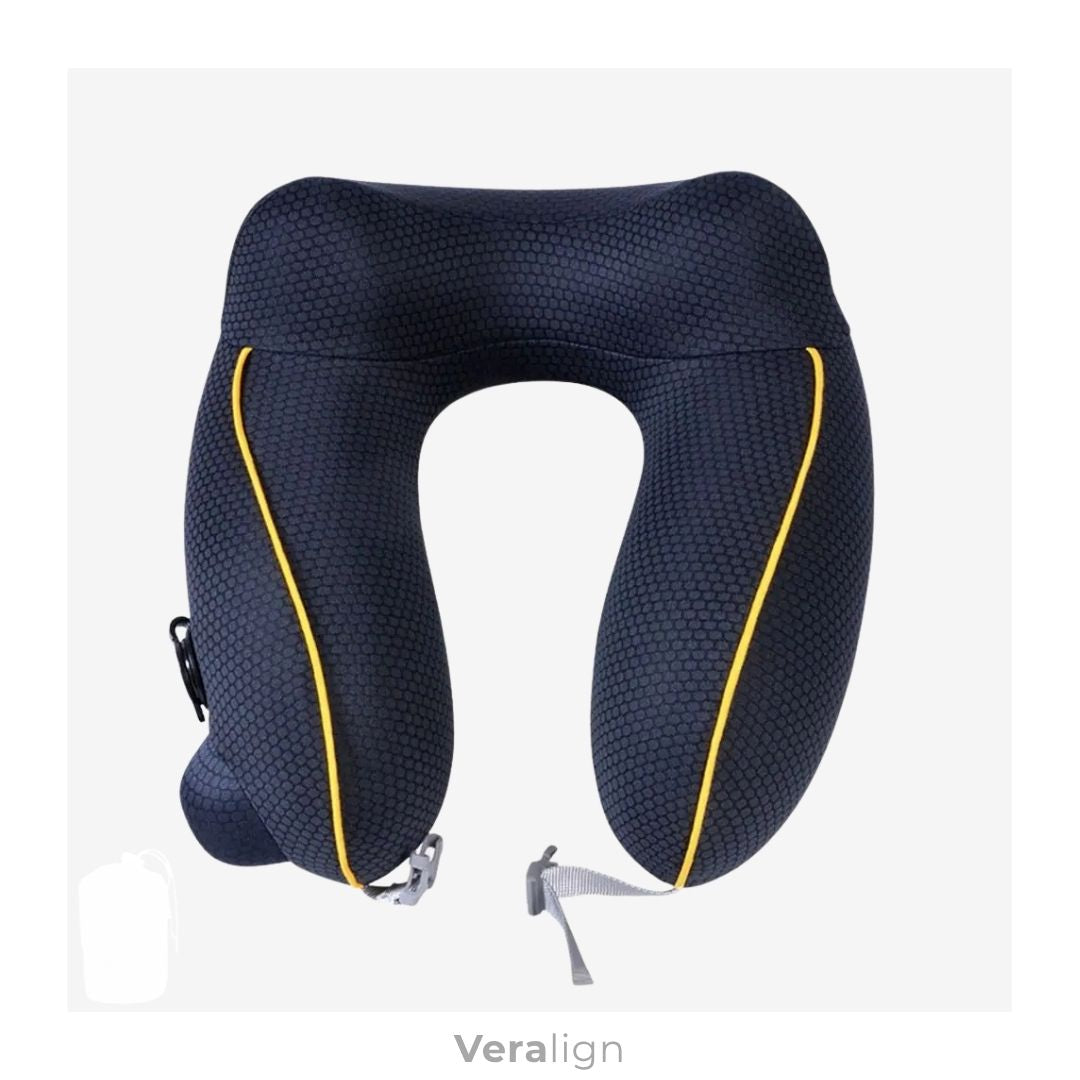 Tour de cou de voyage bleu marine Veralign en tissu élastique respirant, format compact pour bagage cabine.