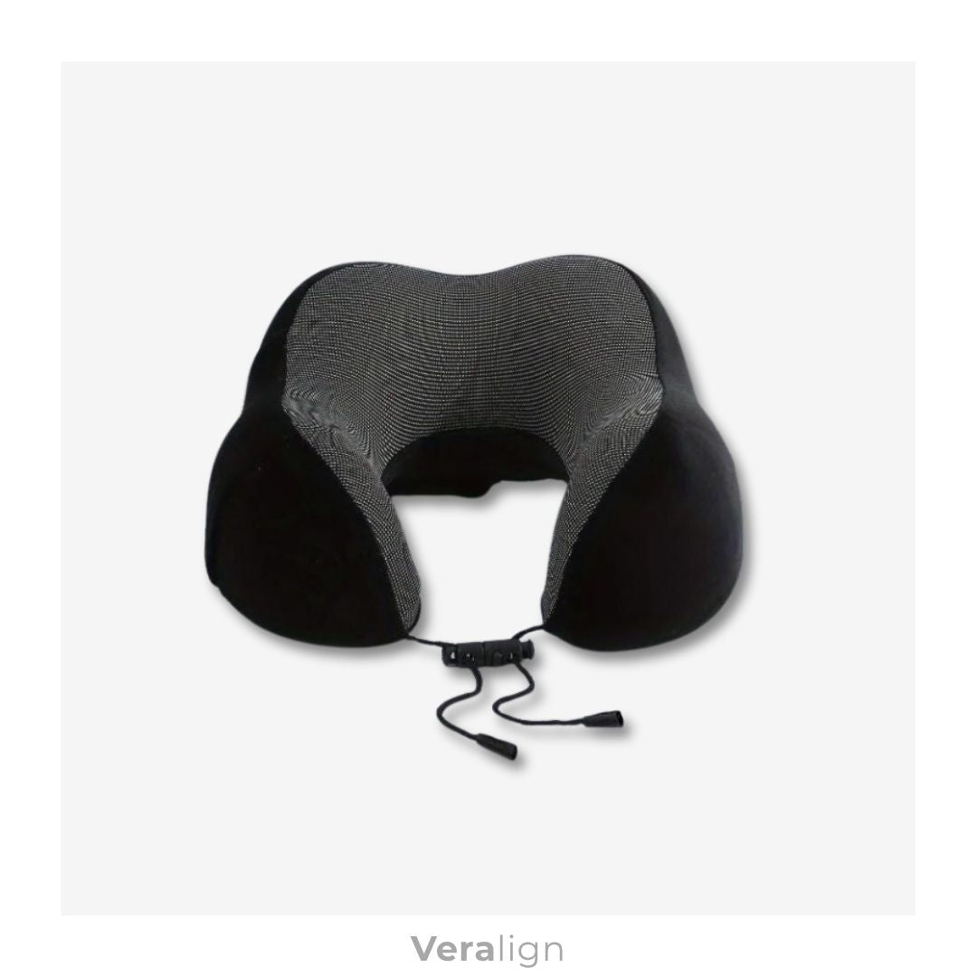 Tour de cou ergonomique Veralign noir pour voyage, système d'attache magnétique rapide et maintien stable de la nuque.