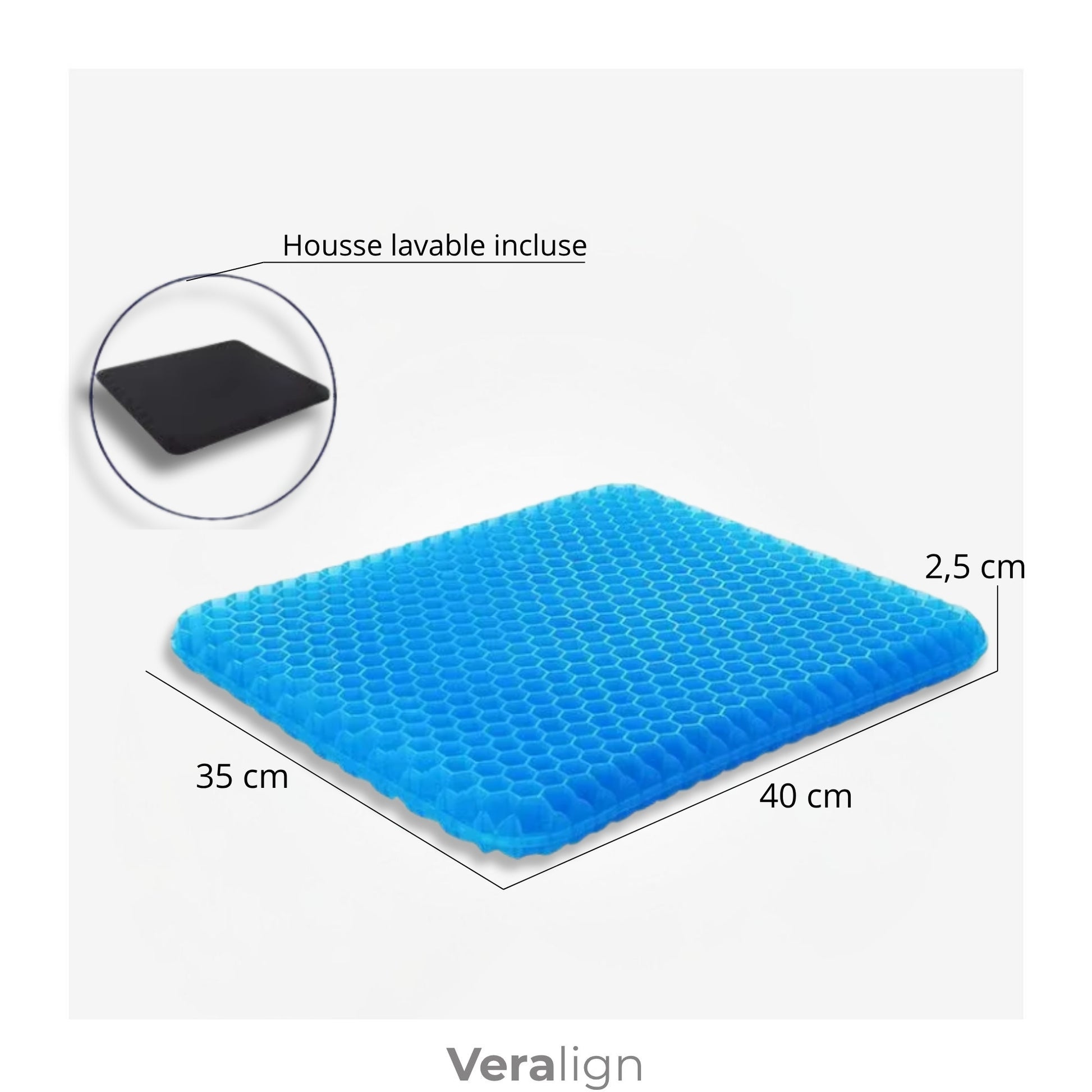 Coussin d’assise gel avec housse lavable et dimensions 40 x 35 x 2,5 cm - Veralign