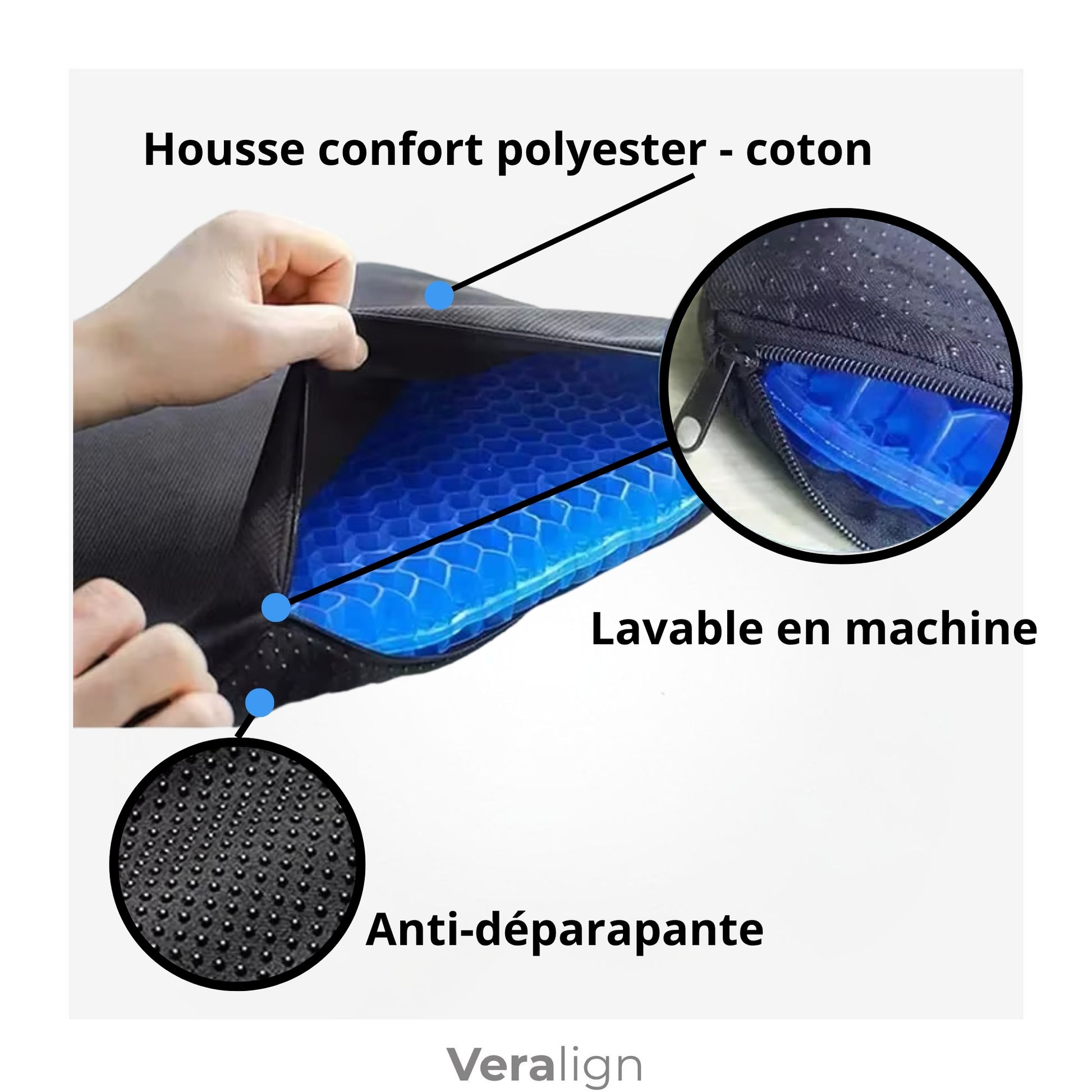 Housse amovible lavable du coussin d’assise gel avec dessous antidérapant - Veralign