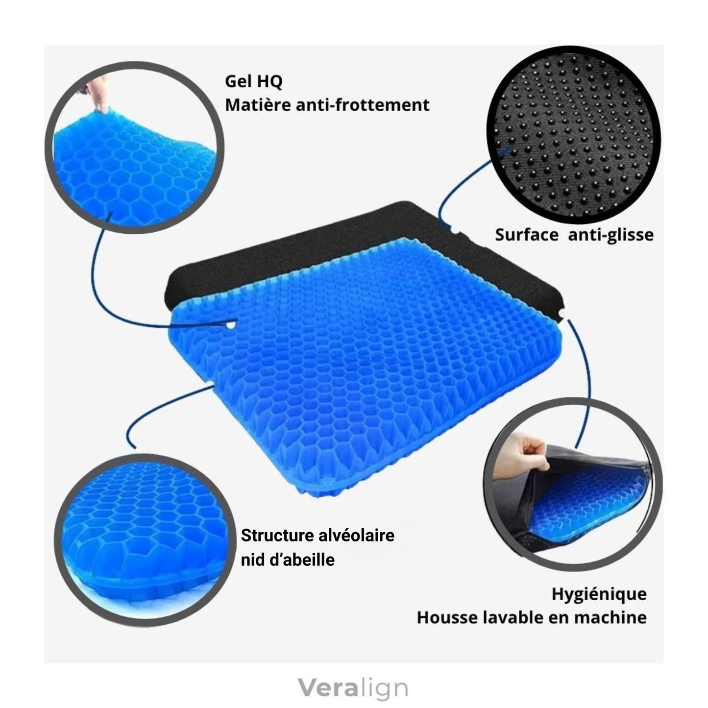 Structure en gel haute résilience et spécifications du coussin d'assise Veralign, répartition de la pression pour chaise de bureau et voiture.