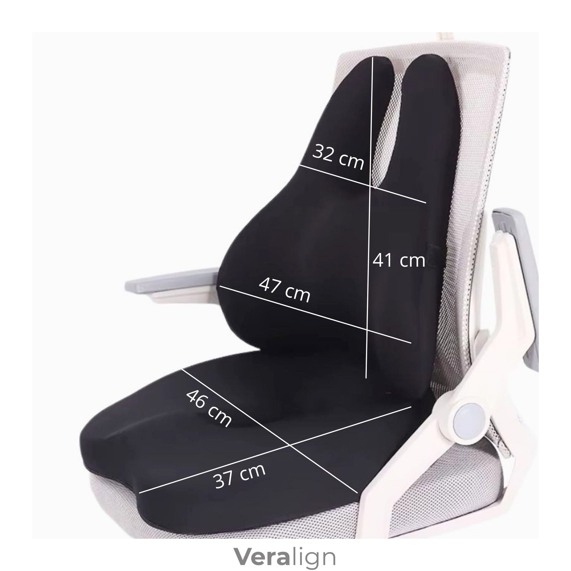 Dimensions du coussin d'assise évidé et du soutien lombaire Veralign, idéal télétravail et amélioration chaise de bureau