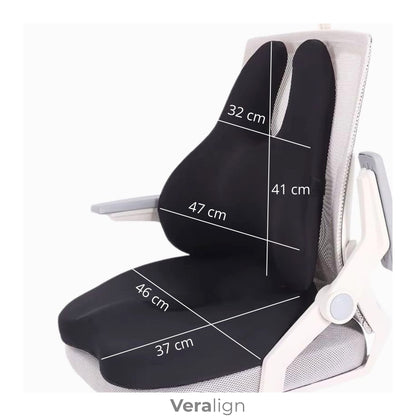 Dimensions du coussin d'assise évidé et du soutien lombaire Veralign, idéal télétravail et amélioration chaise de bureau