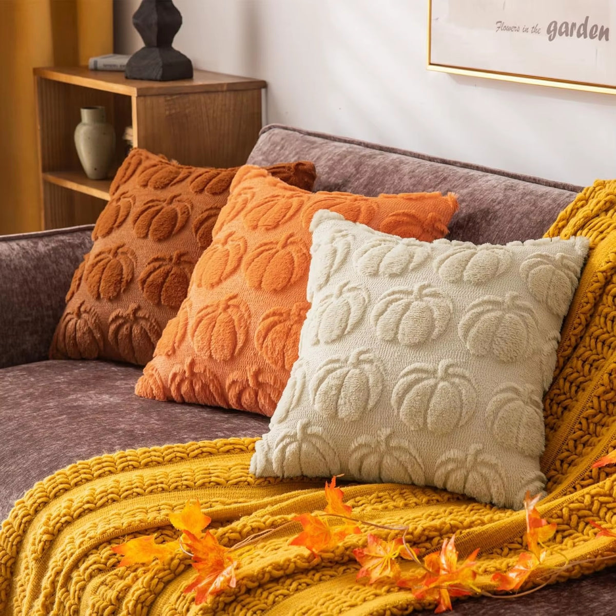 Housse de coussin Halloween Peluche Citrouilles Blanc - 45x45cm