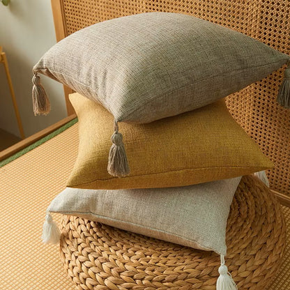 Lot de 2 housses de coussin 45x45<br> Pompon Lin Jaune moutarde