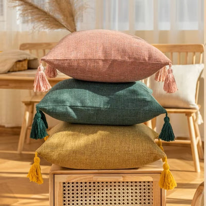 Lot de 2 housses de coussin 45x45<br> Pompon Lin Jaune moutarde