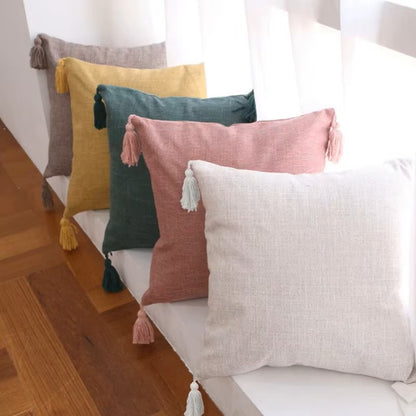 Lot de 2 housses de coussin 45x45<br> Pompon Lin Jaune moutarde