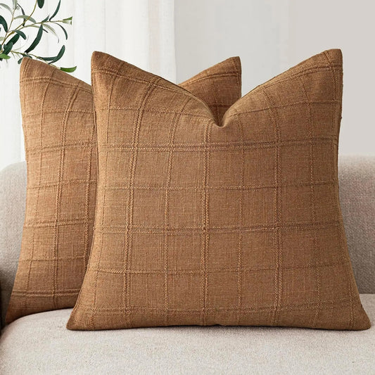 Housse de coussin Lin motif Carreaux Marron