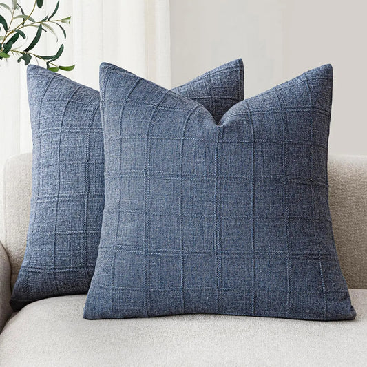 Housse de coussin Lin motif Carreaux Bleu Minéral