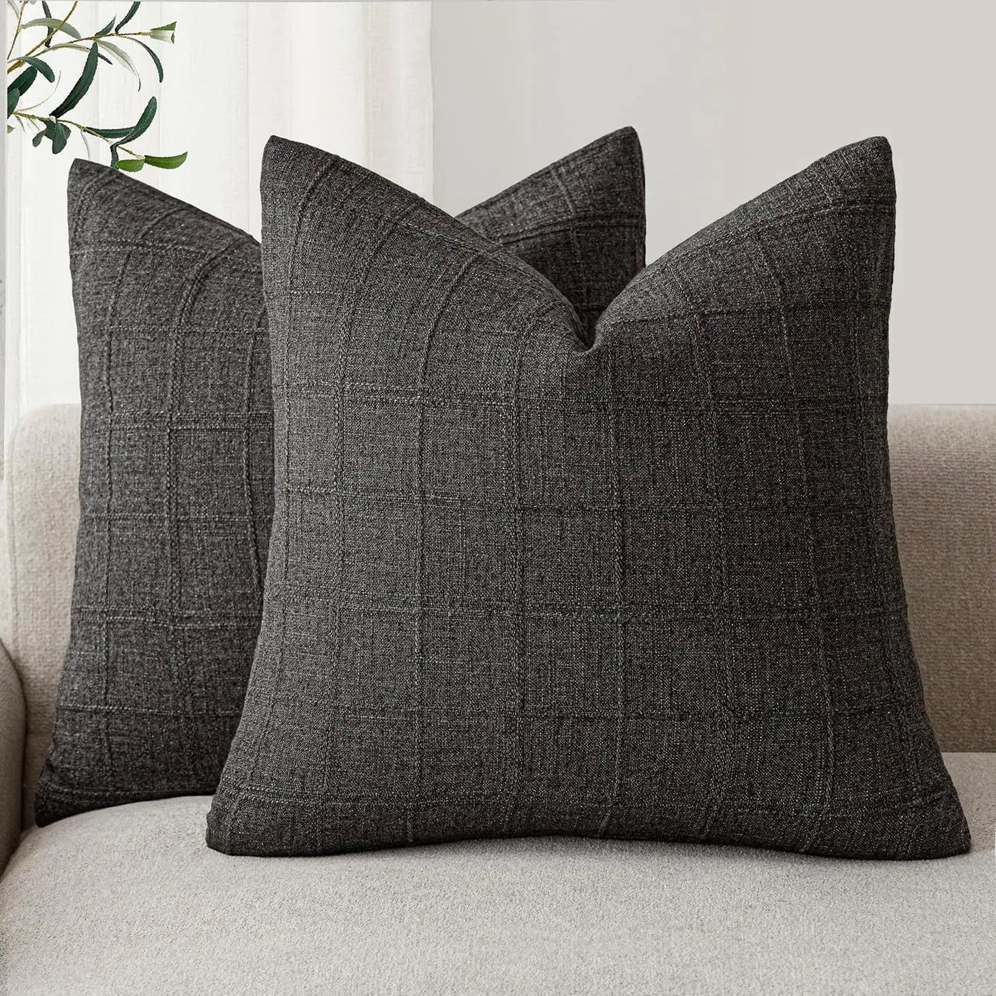 Housse de coussin Lin motif Carreaux Anthracite