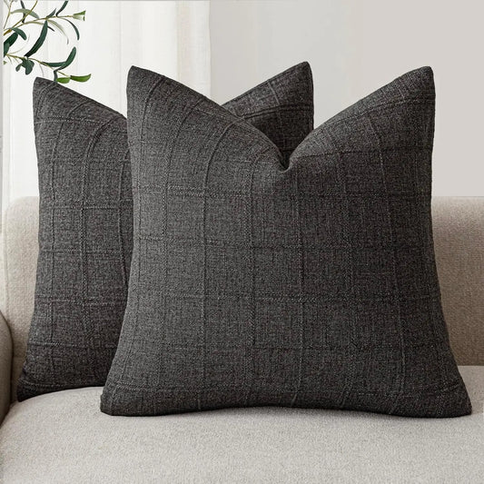 Housse de coussin Lin motif Carreaux Anthracite