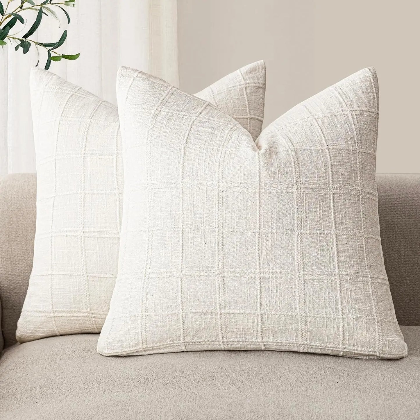Housse de coussin Lin motif Carreaux Blanc