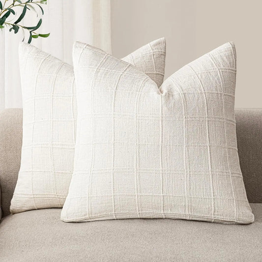 Housse de coussin Lin motif Carreaux Blanc