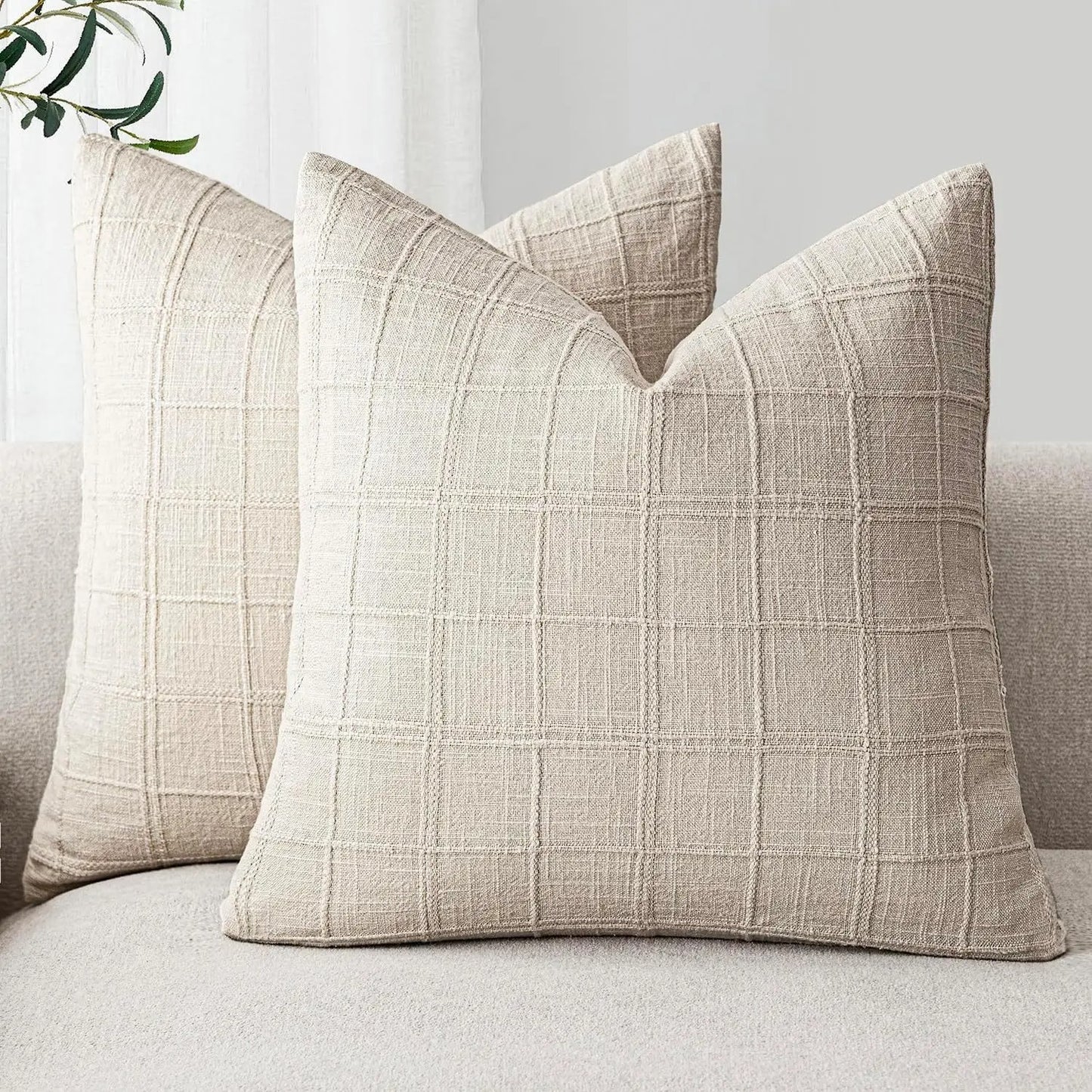 Housse de coussin Lin motif Carreaux Beige