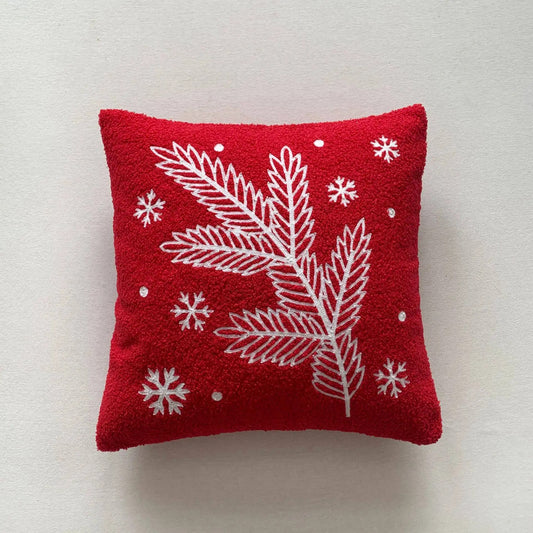 Housse de coussin de Noël branchages et flocons Rouge