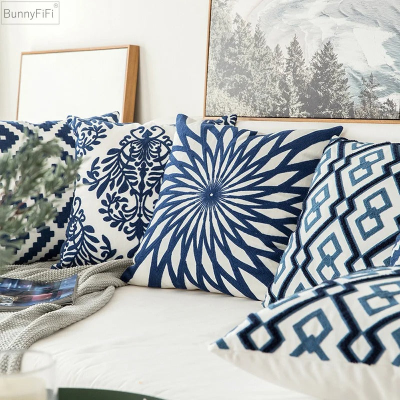 Housse coussin Vintage broderie Bleu 45x45cm