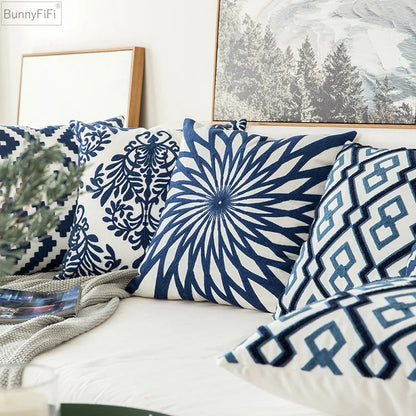 Housse coussin Vintage broderie Bleu 45x45cm